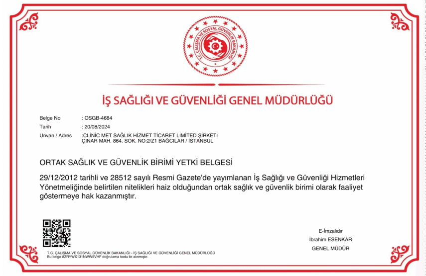 ClinicMet Sağlık Hizmetleri – OSGB Yetki Belgesi